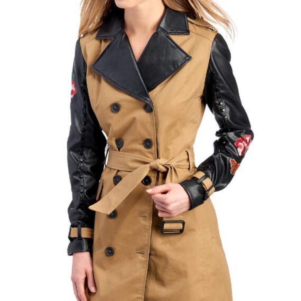 THIRD LAYER Embroidered Faux Leather Sleeve Trench